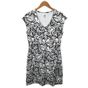 Title Nine Sheath Dress Size Small Black White Paisley Ruched‎ V Neck Sleeveless